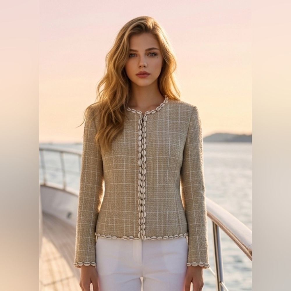 Anne Carson Sand Tweed Jacket with White Shell Trim